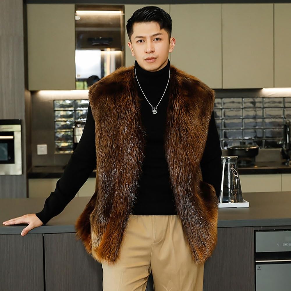 Denny&Dora Men's Brown Fur Vest - Warm Sleeveless Fur Jacket for Denny&Dora Men's Brown Fur Vest - Warm Sleeveless Fur Jacket for